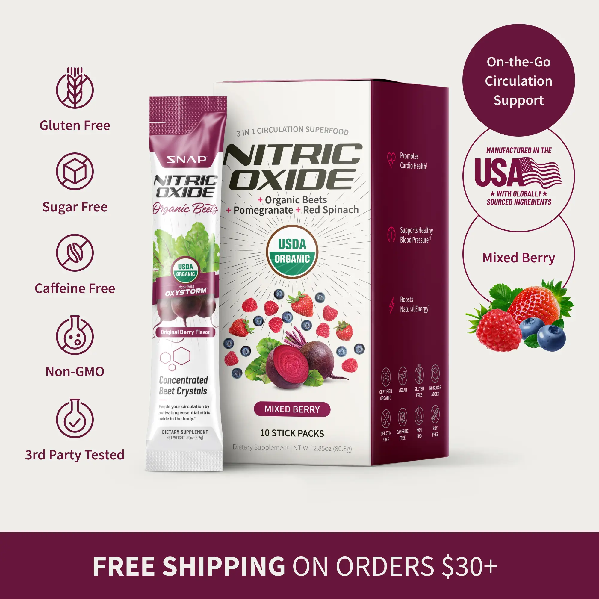Snap Supplements - Nitric Oxide Organic Beet Root Powder - Circulation Superfood On-The-Go - Convenient Single Serve Stick Packs (10 Packs)