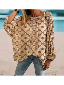 Geometric Print Long Sleeve Knitwear Top, Casual Elegant Vacation Style Sweater, Loose Batwing Shoulders, Spring Summer Fall Women's Clothing, Womenswear