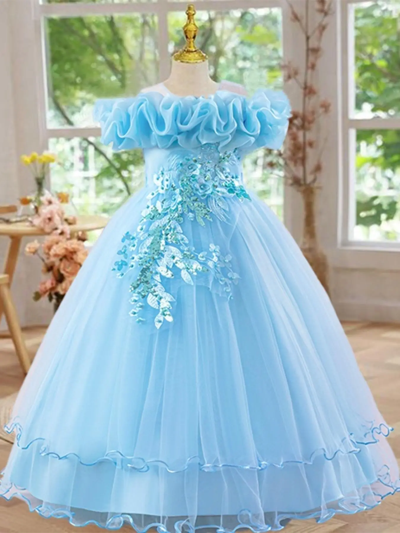 Off Shoulder Sequin Tulle Party Princess Dress, Elegant Floral Embroidery Sweater Dress for Evening Party, Kids Clothes for Summer