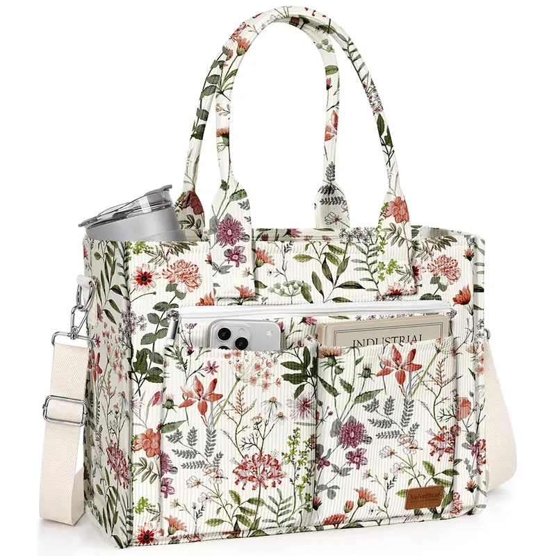 Women's Structured Corduroy Miss Adola Tote Bag - Large Crossbody Work Bag for Laptops