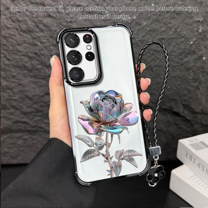 Suitable for [Galaxy S23 Ultra] high-end women's phone case🥰，a beautiful four-leaf clover lanyard is included🍀，electroplated Four-Corner Shockproof phone casesophisticated, minimalist rose pattern YM99