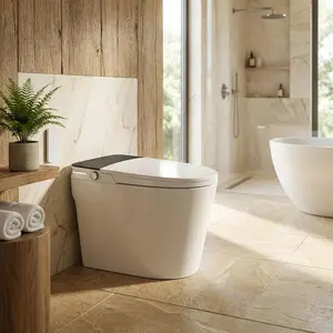 Garvee Smart Commercial Toilet with Bidet, One-Piece Auto Open/Close Lid, Heated Seat & Quick Warm Water, Foot Detector Flush, Warm Air Dryer, LED Night Light, Remote Control, ADA Height, Powerful Flush for Commercial Restroom Fixture