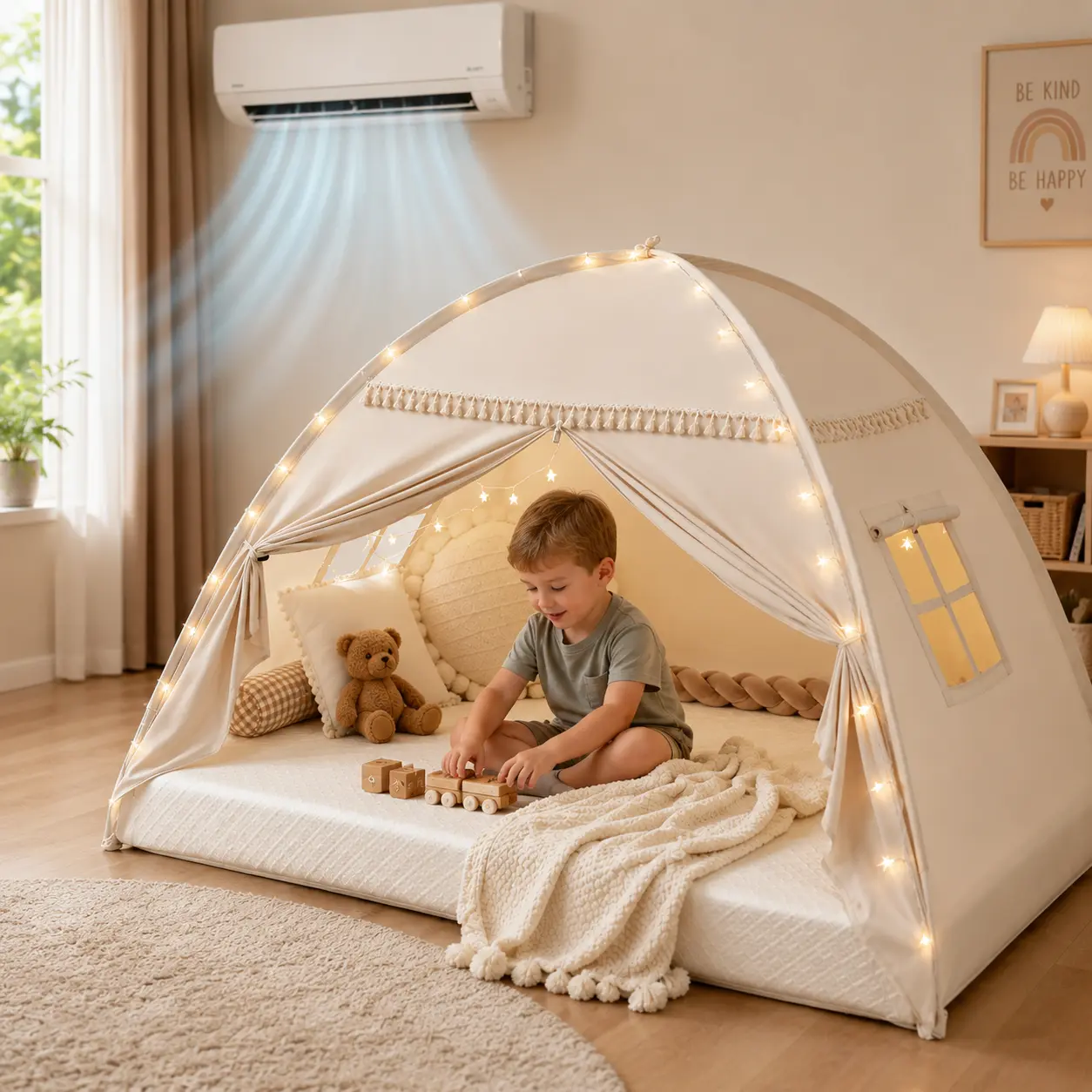 Inflatable Bubble Pretend Play Tent with Lights, Flags - Portable Toddler Tents Indoor, Indoor and Outdoor Use Kids Playhouse Gift