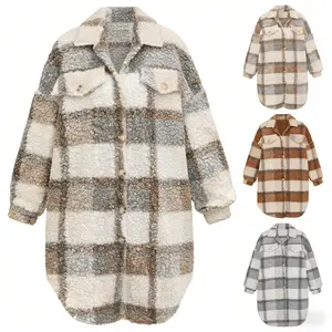 Women's Winter Thickened Sherpa Coat Oversized Lapel Plaid Fleece Shirt Jacket Warm Fuzzy Outerwear Casual Daily Streetwear Comfortable Plush Long Sleeve Button Front Coat for Fall Cold Weather Layering
