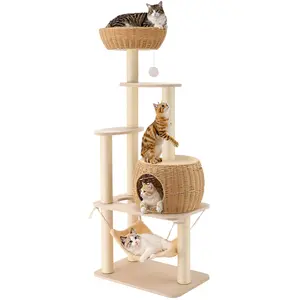 Multi - Level Rattan Cat Tree Tower with Scratching Posts & Lounging Areas for Indoor Cats