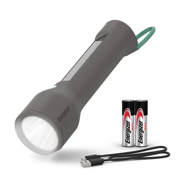 Energizer Hybrid Solar LED Flashlight - 600lm High Beam, AA Battery-Compatible, USB Charging Power Bank, Anti-Slip Surface, Compact Grip, Anti-Roll Base, Heavy-Duty Rechargeable, Emergency Alert Handheld LED Lights