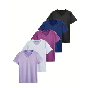 Vibrant 5pcs V-Neck Short Sleeve T-Shirts - 100% Polyester, Machine Washable - Perfect for Summer Workouts & Leisure