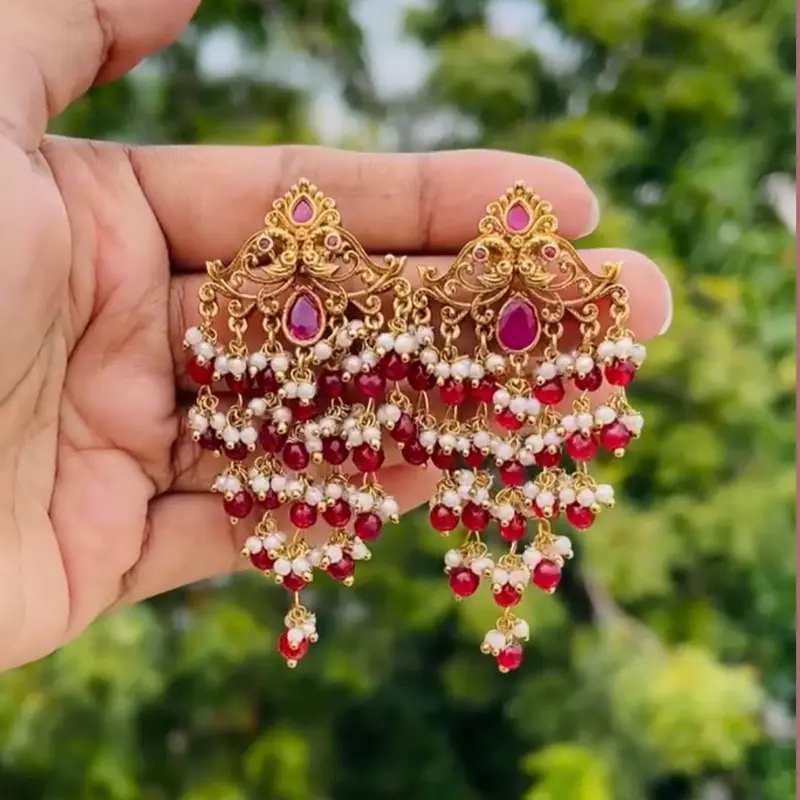 Premium Quality Earrings with Red Gemstones and Beaded Design for Elegant Looks