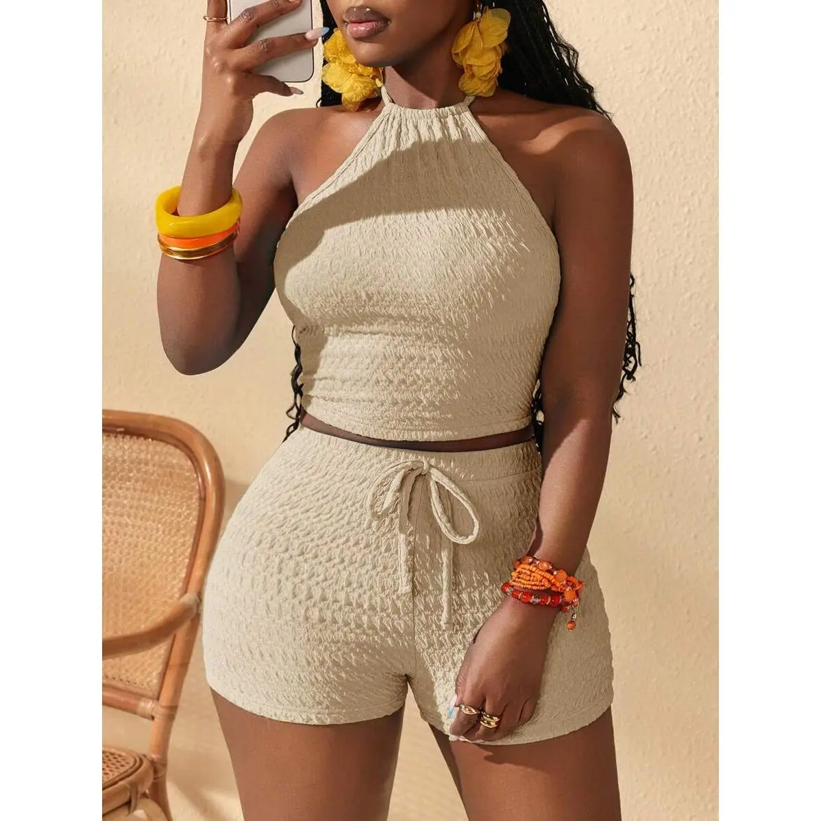 Spring/Summer New Music Festival, Easter, Nashville, Birthday Party, Graduation, Student, Casual Everyday, All-Match Versatile, Leisure, Cruise Travel, Beach, Sunbathing, Streetwear, Textured Fabric, Tie-Up, Sexy Backless Women Set Island Vacation Outfits