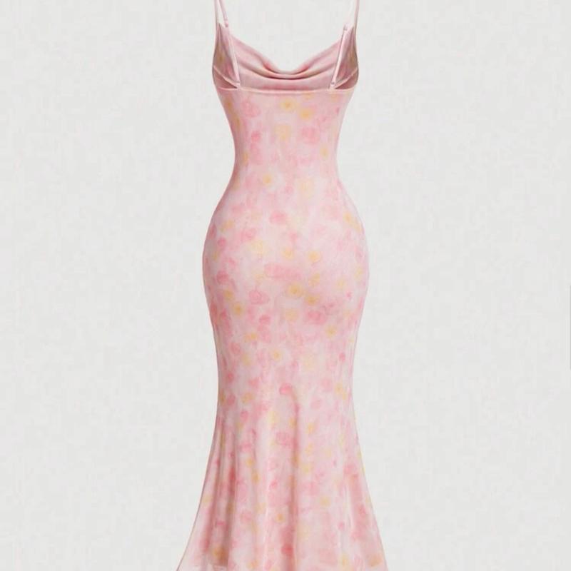 Ladies Romantic Pink Floral Ombre Dress For Spring, Summer, Outfit,Pastel Dresses For Women