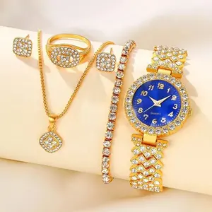 Gold-Tone Blue Watch Jewelry Set | Complete 5-Piece Rhinestone Accessories Kit