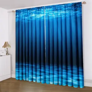 Ocean Pattern Printing Curtain, 2 Counts/set Blue Ocean Landscape Window Rod Pocket Treatment, Home Decor Curtain for Bedroom Living Room Study Room
