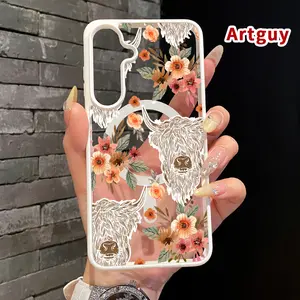 Magnetic Phone Case Supports Wireless Charging compatible with Samsung Galaxy S23 Ultra S24 Plus FE S25 S22+ Bison Floral Symphony Pattern Non-Yellowing Shockproof Soft Silicone Transparent Acrylic Cover