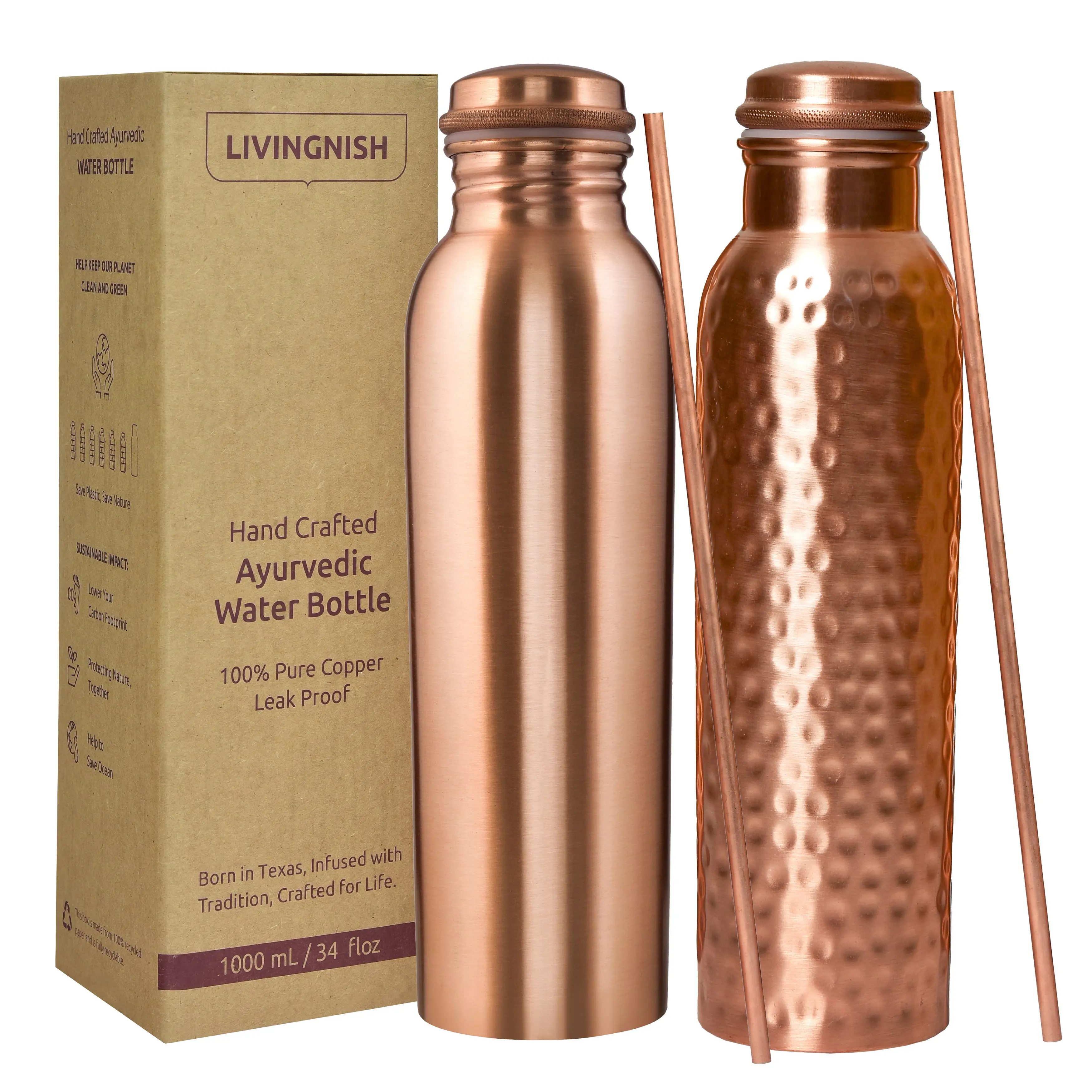 Pure Copper Water Bottle, 8 Pcs Set CLHM(2 Bottle, 2 Straw,2 Extra Silicon Ring and 2 Cloth bags), Washable, Classic, Reusable, Handcrafted, 1L