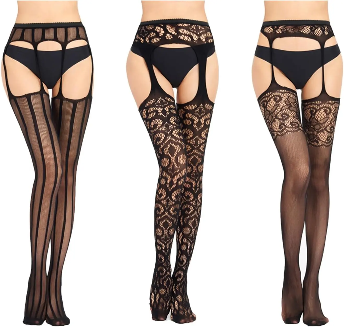 3-Pack Women's Fishnet Thigh-High Stockings with Garter Suspender Pantyhose - Lingerie Gift