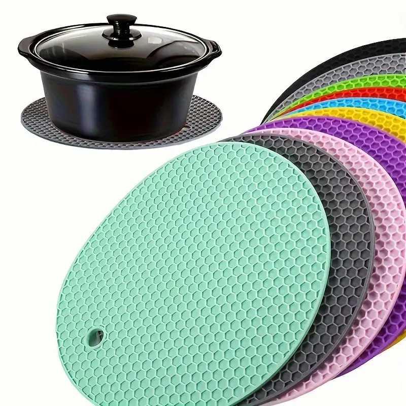 3-piece set of durable round silicone heat-resistant placemats - anti slip kitchen mat, multi-purpose pot mat, hot dish mat, heat-resistant baking mat (green, gray, yellow)