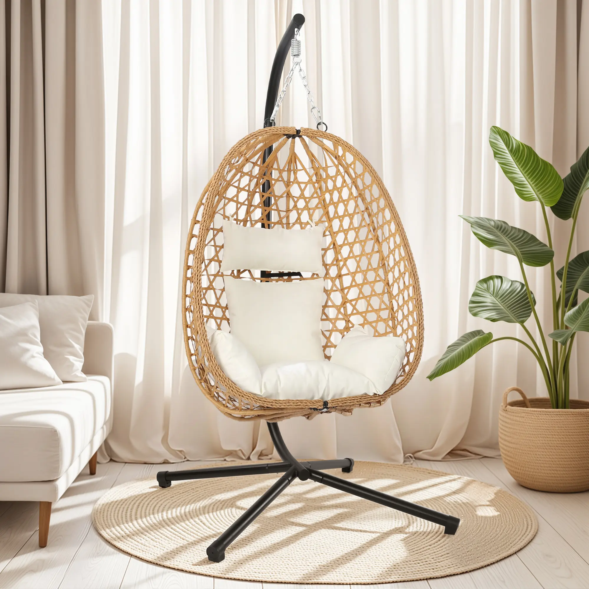 Boho Style Patio Swings with Stand- 350lbs Weight Capacity, Single Hanging Egg Chair with Cushions, Hammock Swing Chair  for Bedroom, Balcony, Garden
