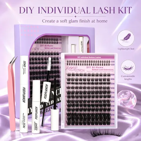 Pooplunch DIY C-Curl Individual Bottom Lash Kit Set, Soft Curls Styling Enhancing False Eyelashes for Halloween Makeup