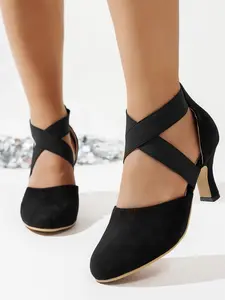 Women's Elegant Solid Color Suede Sandals, Fashionable Cross Strap High Heel Sandals for Party, Daily Clothing Decor, Barefoot Shoes for Women & Girls, Ankle Strap Sandal, Summer, Fashionable Heeled Sandals