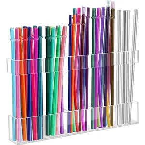 Adjustable Magnetic Straw Holder, 9.48 Inch Dual Layer Acrylic Organizer with Strong Adhesive Strips, Reusable Kitchen Cabinet Storage Rack Display Rack