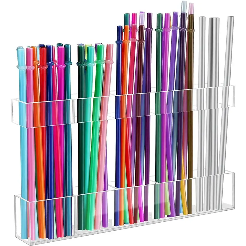 Adjustable Magnetic Straw Holder, 9.48 Inch Dual Layer Acrylic Organizer with Strong Adhesive Strips, Reusable Kitchen Cabinet Clear Storage Rack Display Rack, Adjustable Display Racks