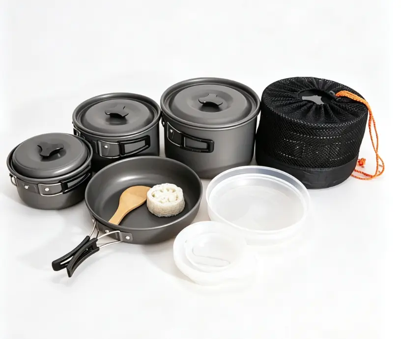 Portable Folding Camping Pot Set for 1-3 People, RV Outdoor Cookware Kit with Non-Stick Pan & Pot, Lightweight Picnic BBQ Cooking Set with Carry Bag