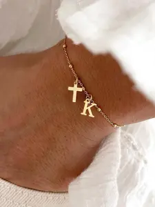 Cross & Initial Design Bracelet, Stainless Steel Bead Chain Bracelet for Women, Fashion Jewelry for Party, Daily Clothing Decor, Trendy Exquisite Jewelry for Gift, Letter Link Bracelet