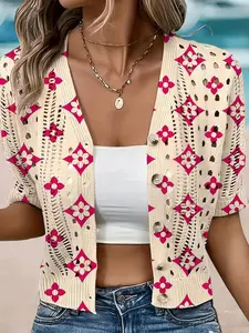 Elegant Aesthetic Women's Colorblock Geometric Print Short Sleeve Lightweight Knit Cardigan with Button, Casual Breathable Top, Hollow Out Design, Beach Vacation Wear