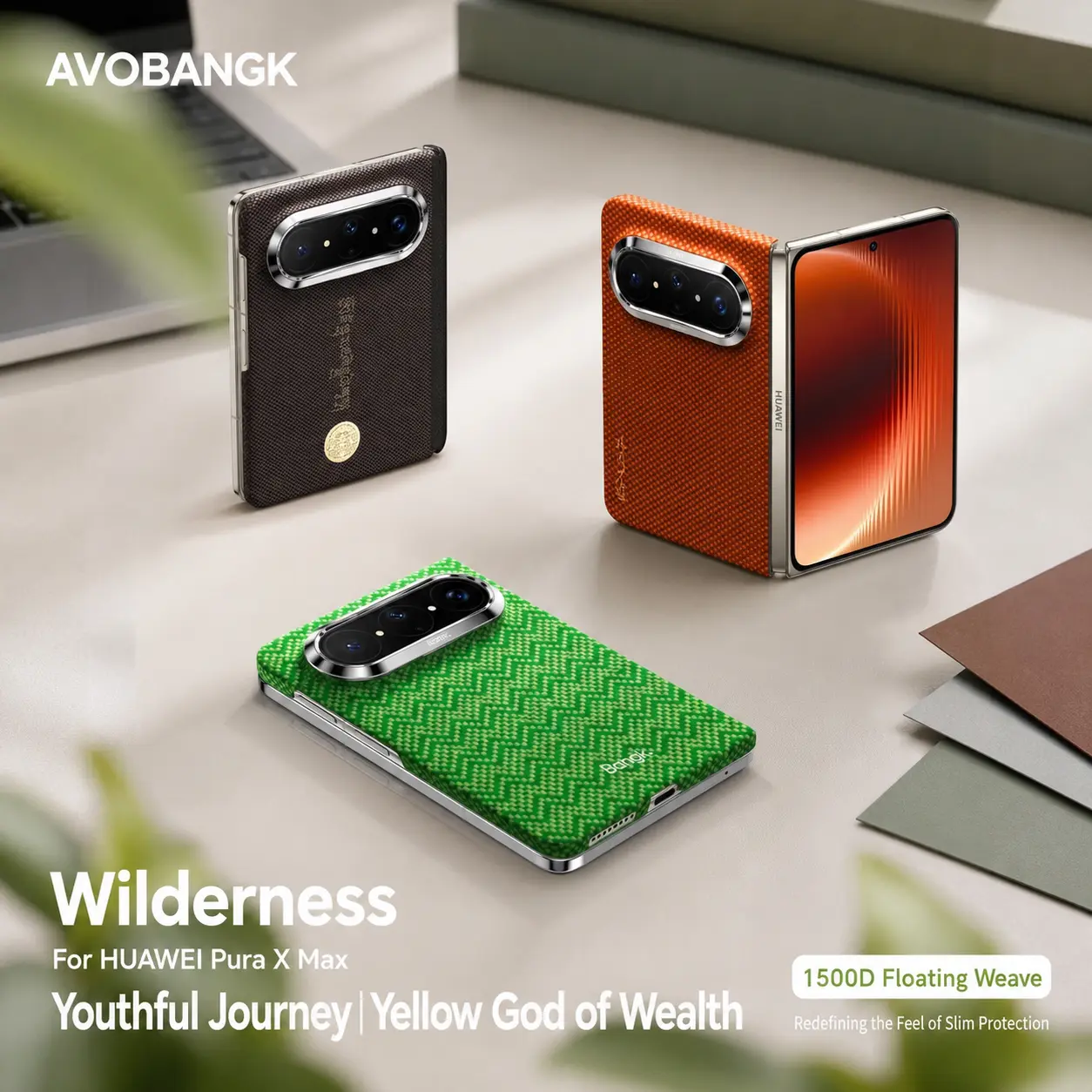 AVOBANGK Aramid Fiber Case Compatible with HUAWEI Pura X Max, Slim Half-Wrap Foldable Cover with Center-Spine or Open-Hinge Design