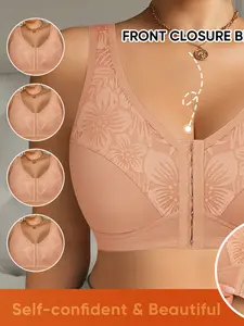 4 Pcs Plus Size Wireless Lounge Bra, Unpadded Breathable Lace Sleep Bralette, Full Coverage, Casual Style, All Seasons