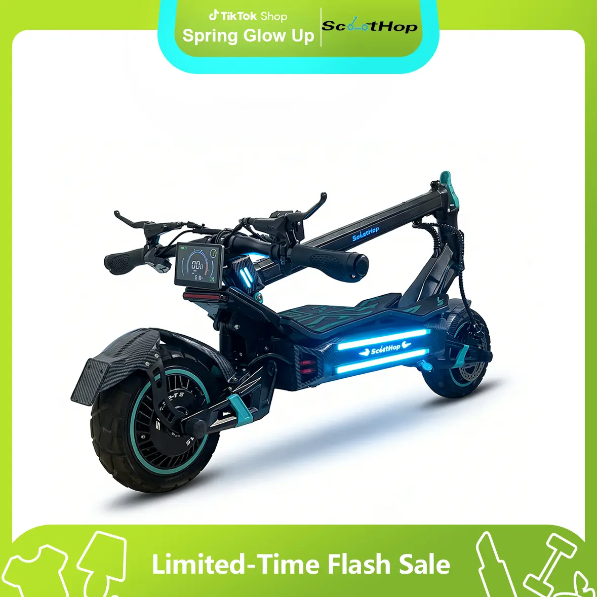 SCOOTHOP BE-3 Adult Folding Commuter Scooter, 44 MPH Top Speed & 50 Mi Range, Dual 4000W Motors with 60V 30Ah Battery, 10" Pneumatic Tires for Off-Road