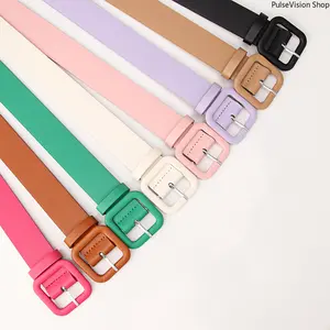 Women's Square Buckle Belt Candy Color Simple Elegant Fashion Waist Strap Soft PU Leather 3.2cm Wide 103cm Long