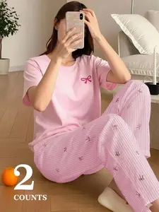 Women's Bow Short Sleeve T-Shirt & Casual Shorts Set, Pajama, Loungewear, Butterfly, Outfit, Fall Winter, Loose Fit, Breathable, Campus Style, Daily Wear