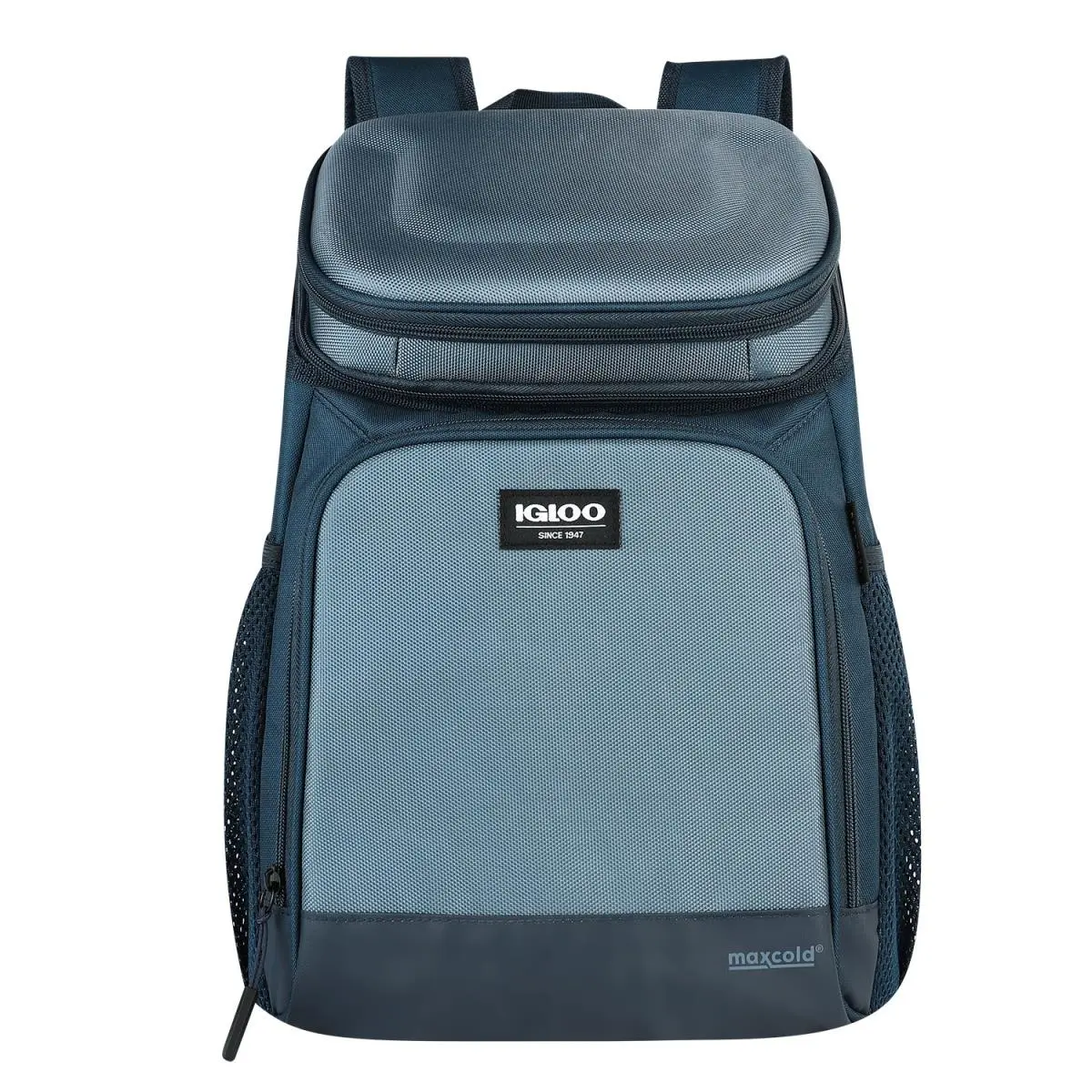 IGLOO MaxCold Evergreen Insulated Portable Cooler Backpack - 18-Can Thermal Insulated, Lightweight Insulated Pack, Crushproof Top, PU Coating, Recycled Poly Leakproof Cooler Bag, Zipper Closure, Mesh Pockets, Padded Straps (Blue)