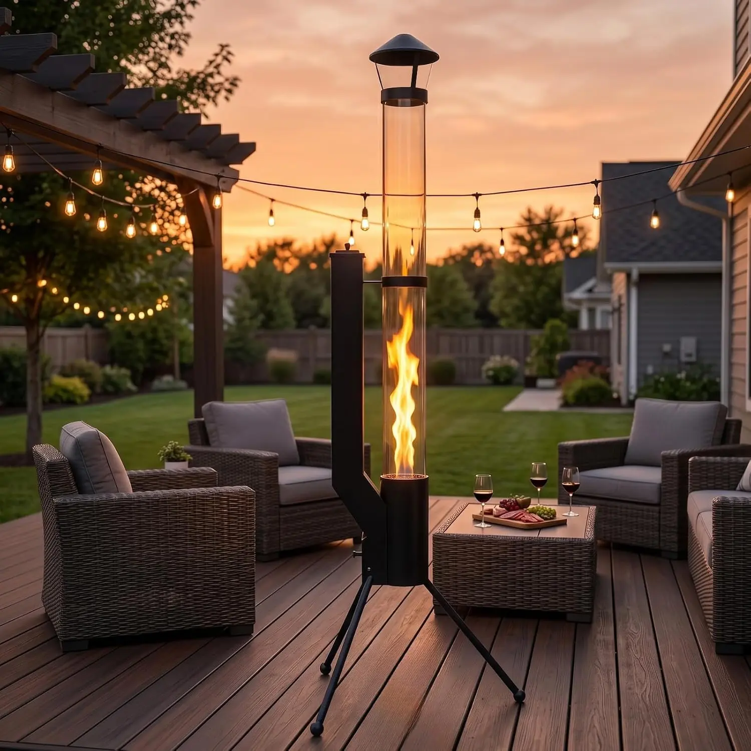 64.5" Wood Pellet Fire Pit, Outdoor Pellet Patio Heater with Glass Tube Flame, Vertical Tower Fire Pit for Patio & Backyard