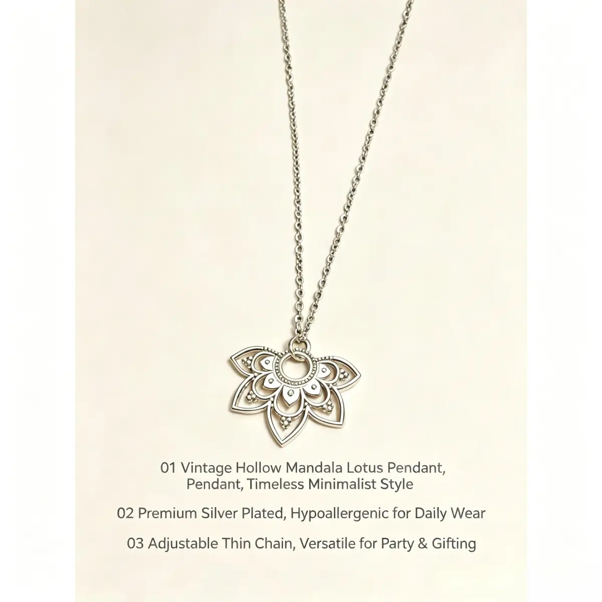 Women's Ethnic Minimalist Chain Jewelry Necklace with Vintage Silver Hollow Mandala Lotus Charm, Female Boho Costume Accessory, Choker Necklace for Daily Wear, Party Gift, Chocker Necklace, Chain Jewelry Necklaces