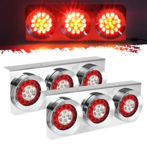 Partsam 2Pcs 54 LED Truck Trailer Tail Lights Bar with Chrome Iron Bracket Base Waterproof 24V 4 Inch Round Led Trailer Tail Lights Bar Stop Turn Signal Running Parking Lights Lamps RV Camper