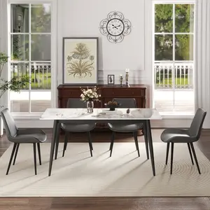 Modern White Artificial Stone Flat-Top Heavy-Duty Casual Combo Dining Table - Black Metal Straight Edge Legs, Accommodates 6 People (Table Only), Heavy-Duty Dining Tables, Casual Dining Tables