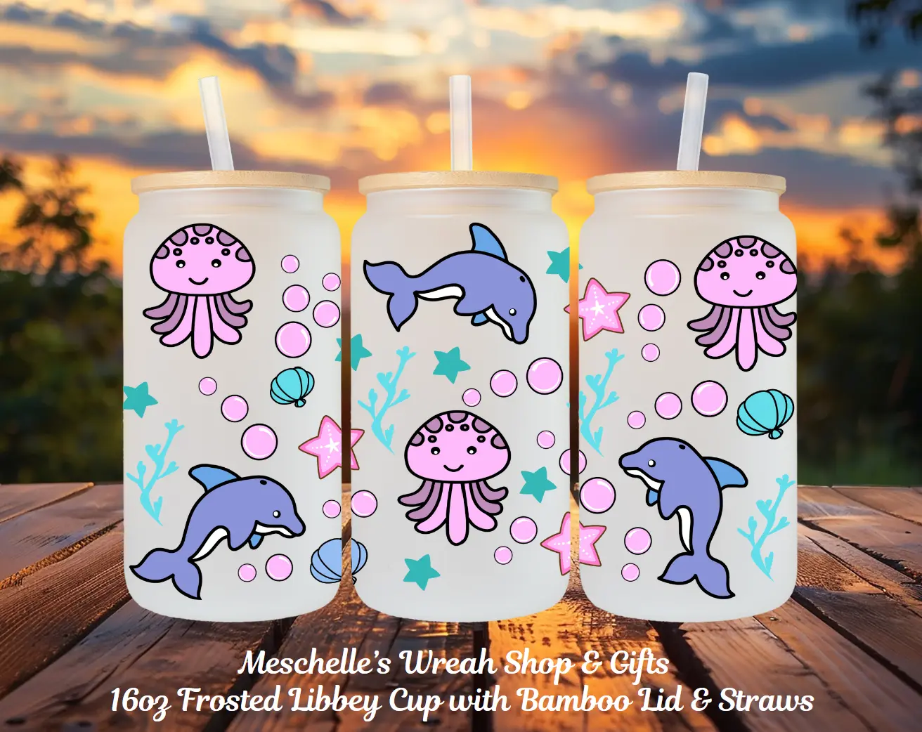 16oz Frosted Glass Cup - Single Unit Round Form Sublimated Drinkware with Unique Dolphin Octopus Design, Bamboo Lid, Straw, Reusable Washable Kitchenware for Beer, Iced Coffee, Gift Idea