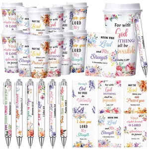 Back to School Christian Gifts 36 Pcs Floral Bible Verse Tumblers Set with Notebooks Pens Bulk Faith Inspirational Scripture Flower Cup Set for Women Teachers Students Church Sunday School Party