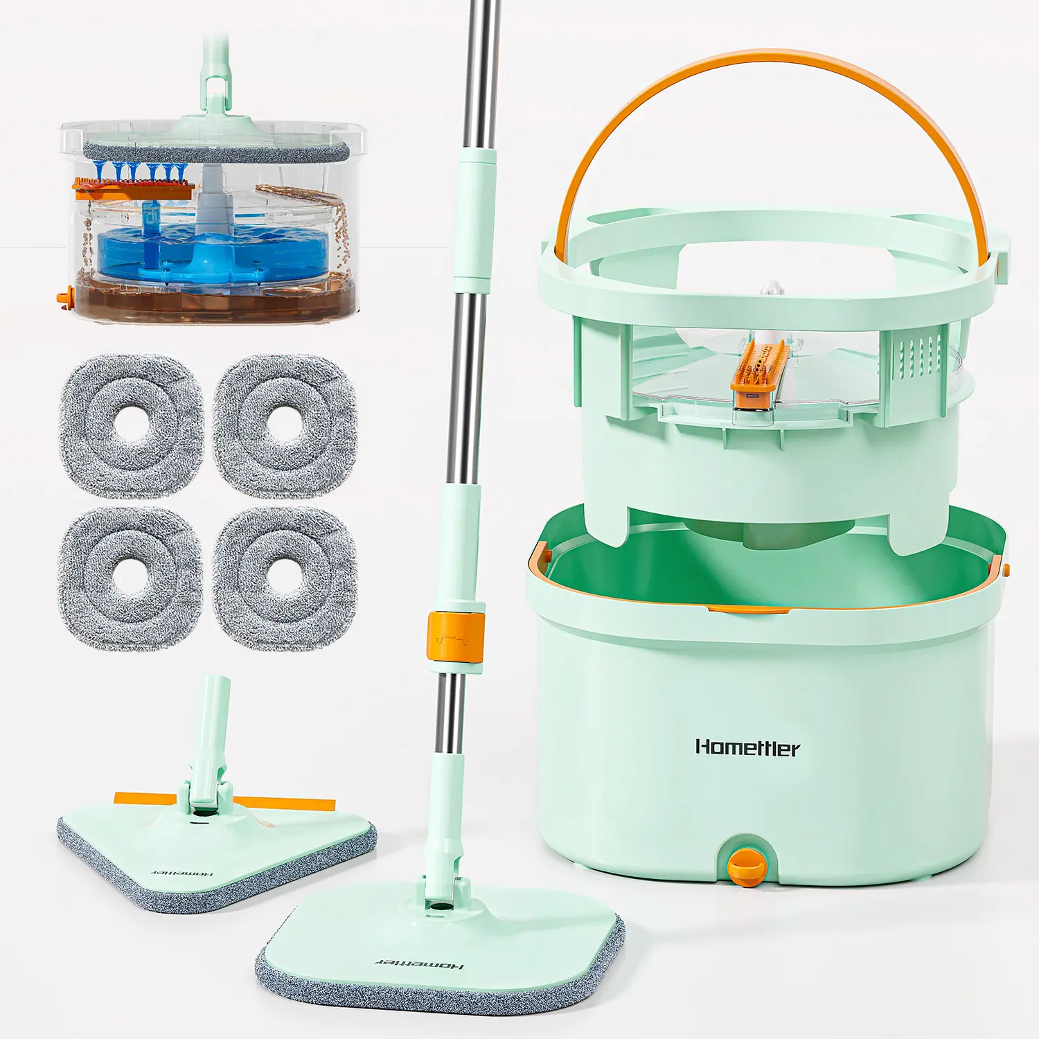 HHomettler Bucket-Based Wet Mop Cleaner Set - Adjustable Rod, Microfiber Towel, Scrubber Head for Hardwood Floors, Hard Surfaces Sanitizing Cleaning Spin Mop Scrubber steam mop moped steam mop for floors steam mop for floors mop and bucket set steam mop