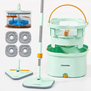 Homettler  Mop Spin Mop and Bucket Set Zero Dirty Water Cleaning System for Living Bath and Kitchen Room Hard Floor Cabinets Wall Windows Steel Adjustable Rod with Microfiber Mop Head brush steam hardwood tile cubeta exprimidora