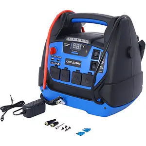 Rechargeable  Jump Starter for Gas Diesel Vehicles - 1800 Amps with Air Compressor and AC, 12V DC, USB Power Station Emergency Preparedness Work Light