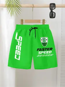 Boys' Racing Style Shorts, Breathable Half-Length Pants, Casual Beachwear, Slim Fit All-Over Print Summer Wear