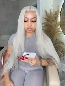 Silver Grey Straight 13x4 Lace Front Wigs Pre-Plucked Natural Hairline HD Transparent Lace Frontal Wig Free Part Synthetic Silky Straight Wig Silver Concert Look Straight Wig Coachella Festival Look Lace Frontal Wigs 28 Inch