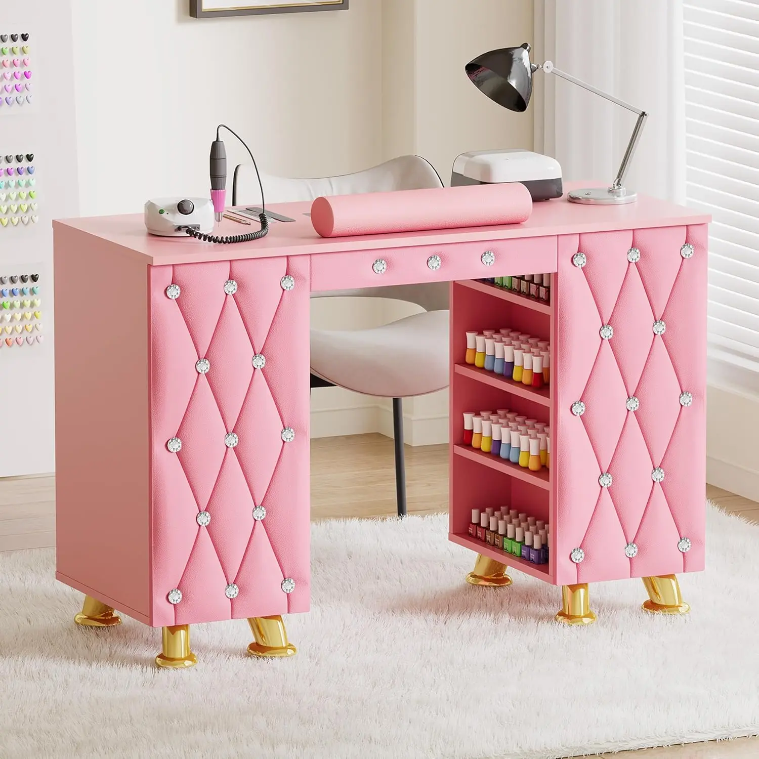 Manicure Table, Nail Desk w/Dust Collector & Wrist Rest, Nail Salon Station Acetone Resistant Workstation w/Drawers, Cabinet, Pink Leather Pad with Diamonds