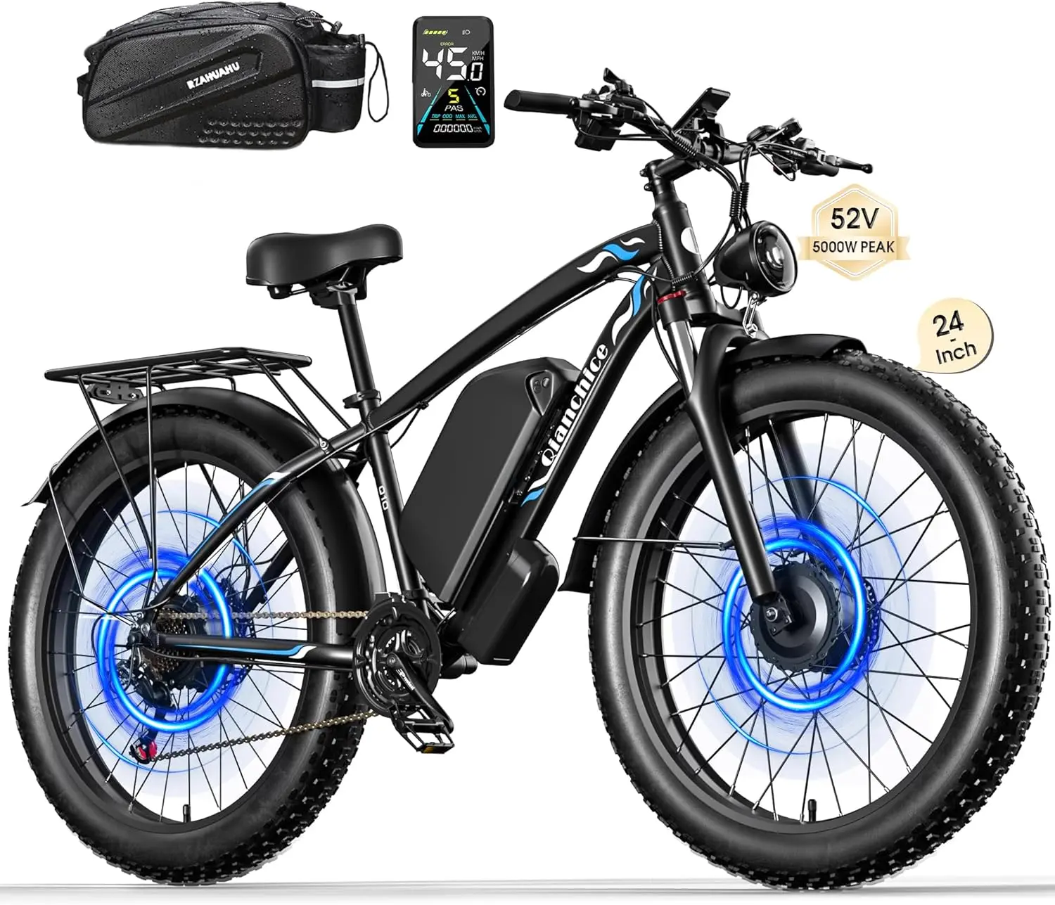 Peak 5000W Dual Motor Electric Bike Long Range Ebike for Adults 40-45MPH 100 Miles, Fat Tire Electric Bike 24Inch, 52V 32AH Commuter Electric Bicycles Ebike for Men Women, Hydraulic Disc Brake