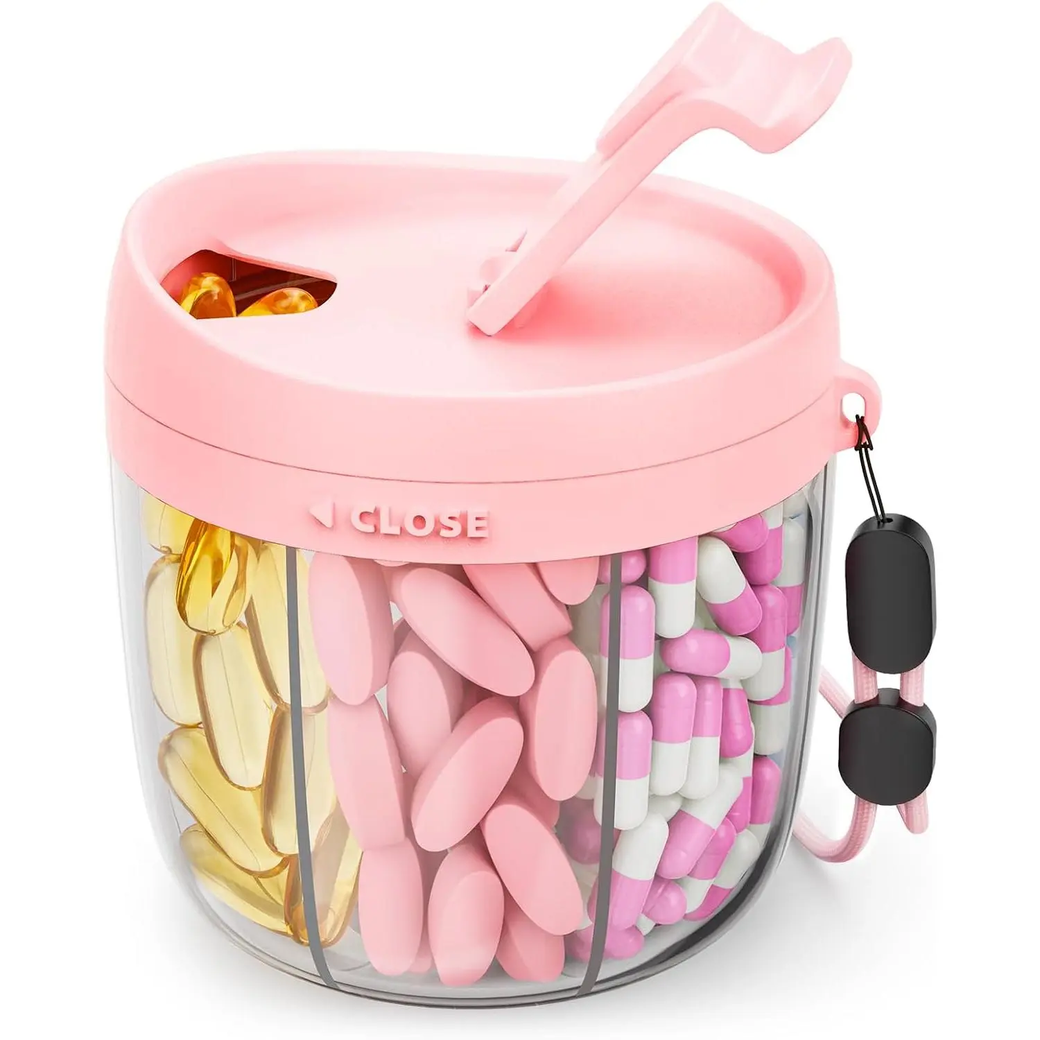Cute pill dispenser with 7 compartments, pill bottle storage box with anti-mixing design, portable pill organizer, wide opening for easy access, BPA-free patented pill container, pink