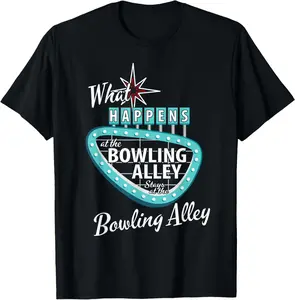 100% Cotton Funny Retro Bowling What Happens at the Bowling Alley Vegas T-Shirt