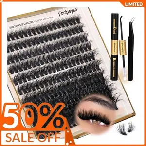 Focipeysa Lash Extension Kit Thick Eyelash Extension Kit 10-18mm Fluffy Lash Clusters 200D Individual Eyelashes Kit with Lash Bond, Lash Remover, Lash Applicator, DIY Lashes Extension